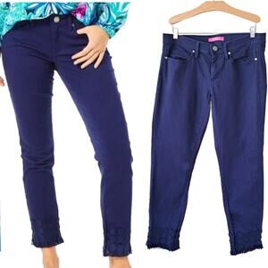 LILLY PULITZER South Ocean Skinny Fringe Crop Jeans Sz 8 True Navy Coastal Prep